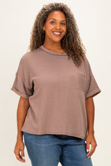 Mocha Plus Raised Rib Short Sleeve Front Pocket Maternity Top