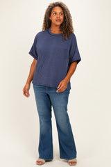 Navy Plus Raised Rib Short Sleeve Front Pocket Top