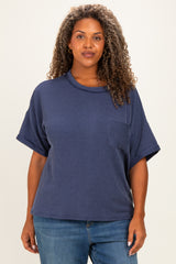 Navy Plus Raised Rib Short Sleeve Front Pocket Top