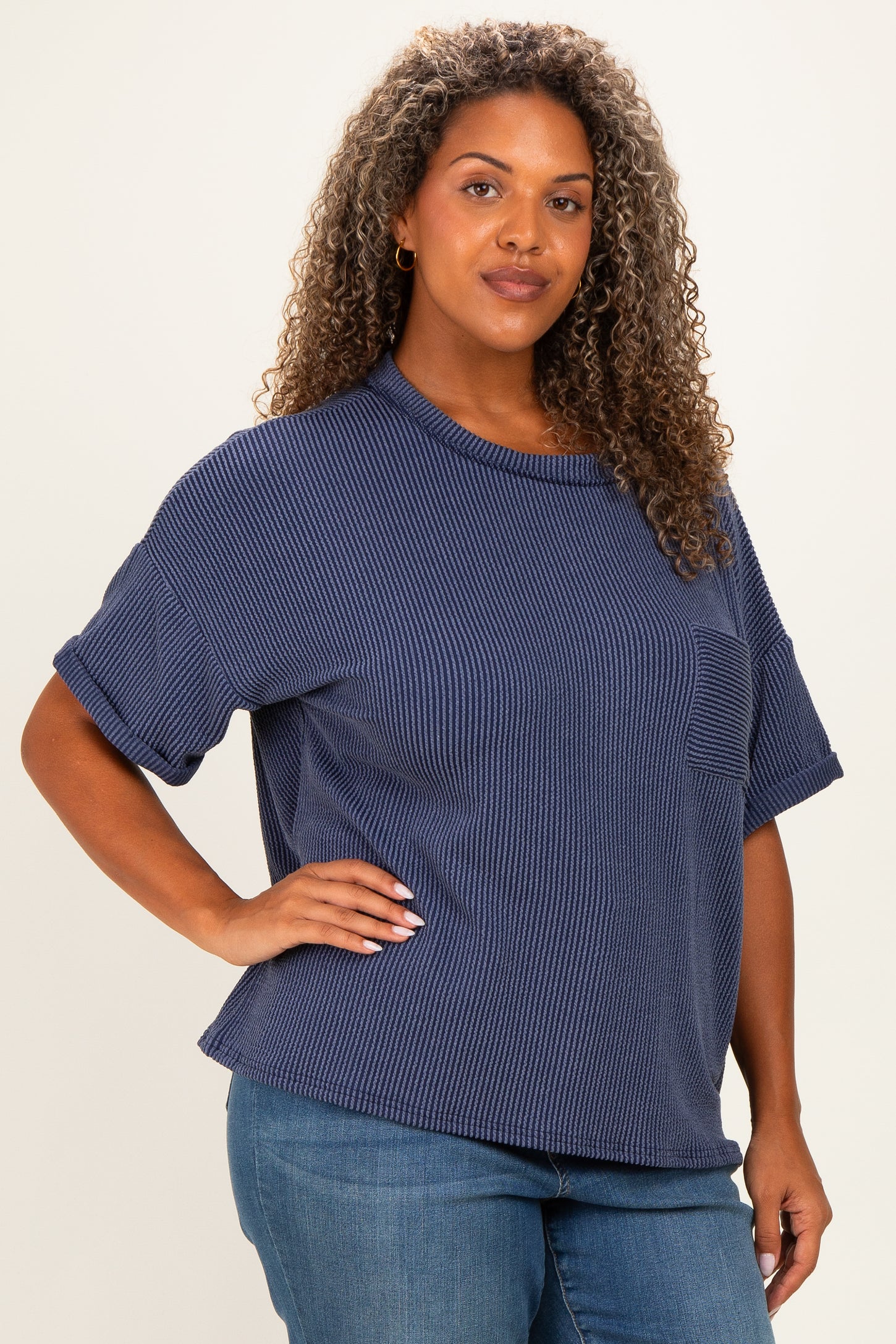 Navy Plus Raised Rib Short Sleeve Front Pocket Top