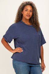 Navy Plus Raised Rib Short Sleeve Front Pocket Top