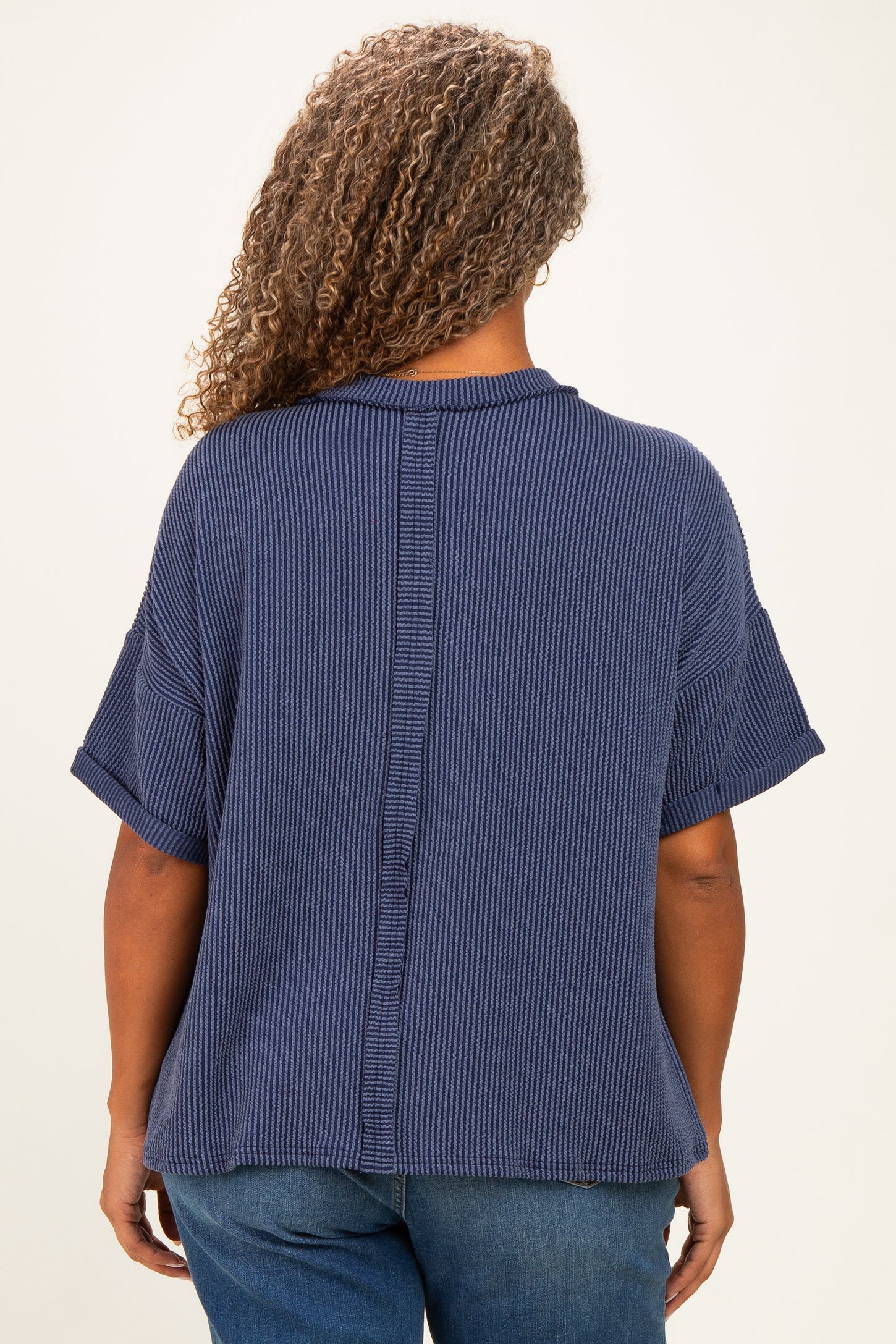 Navy Plus Raised Rib Short Sleeve Front Pocket Top