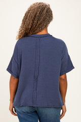 Navy Plus Raised Rib Short Sleeve Front Pocket Top