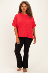 Red Plus Raised Rib Short Sleeve Front Pocket Top