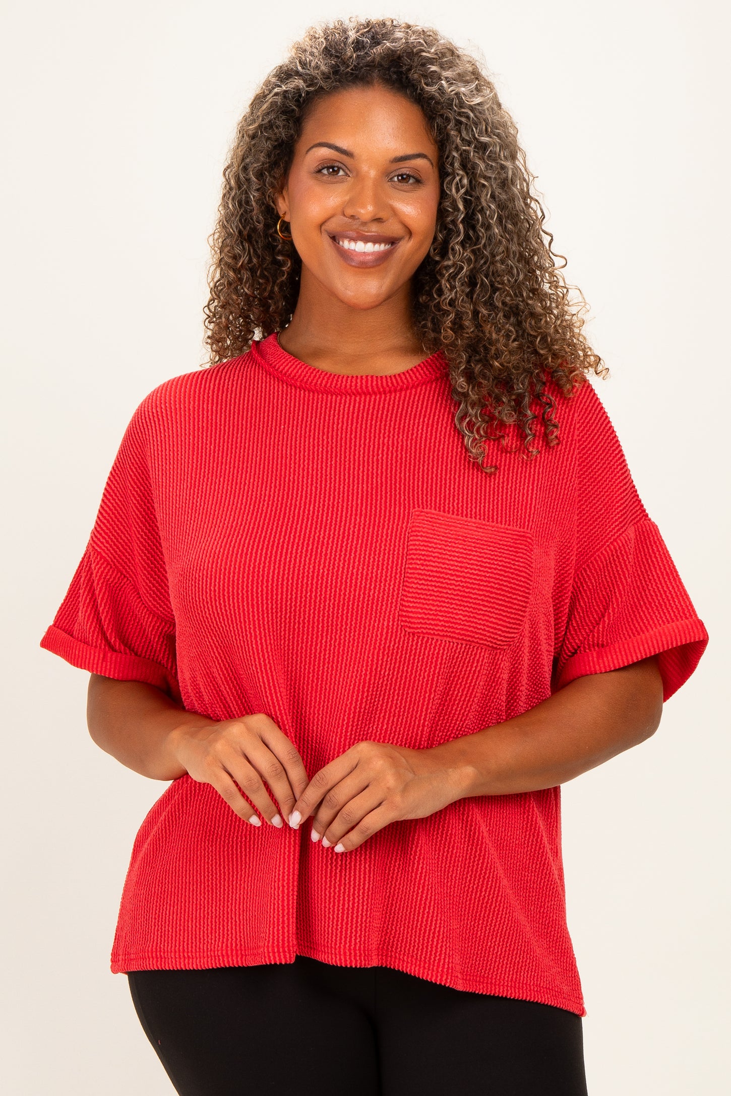 Red Plus Raised Rib Short Sleeve Front Pocket Top