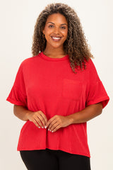 Red Plus Raised Rib Short Sleeve Front Pocket Top