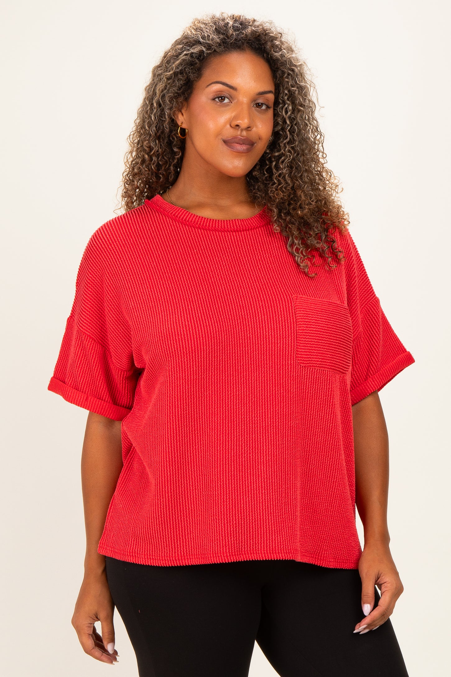 Red Plus Raised Rib Short Sleeve Front Pocket Top