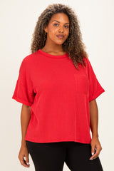 Red Plus Raised Rib Short Sleeve Front Pocket Top