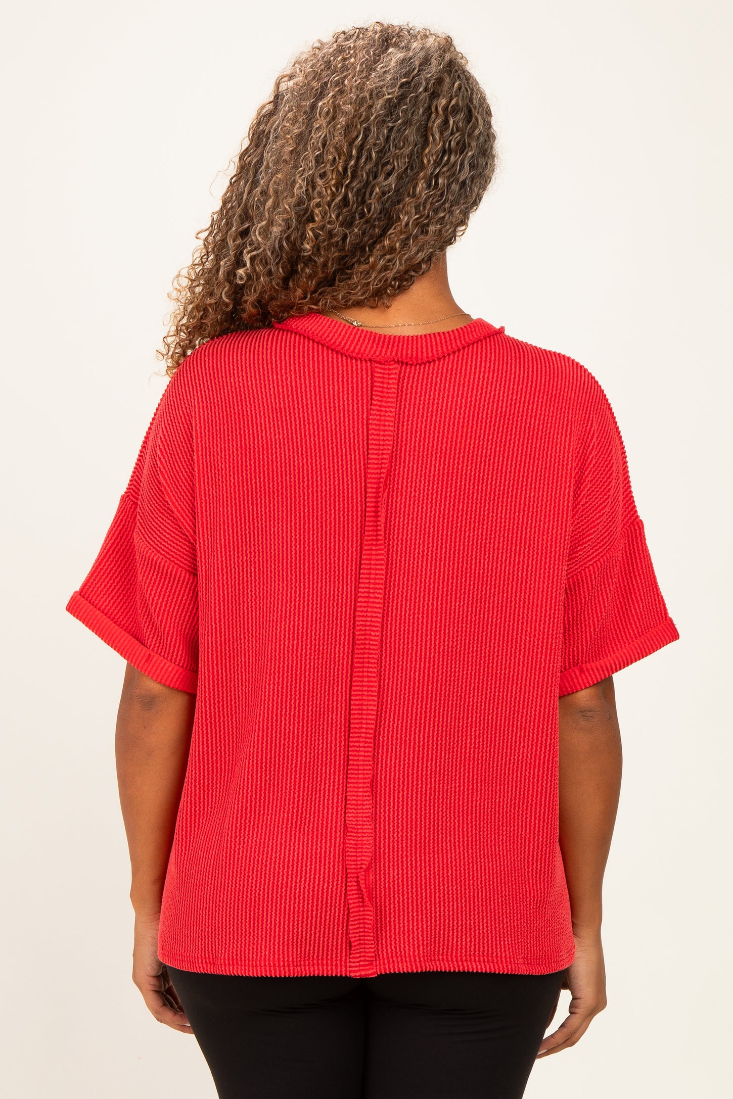 Red Plus Raised Rib Short Sleeve Front Pocket Top