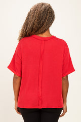 Red Plus Raised Rib Short Sleeve Front Pocket Top