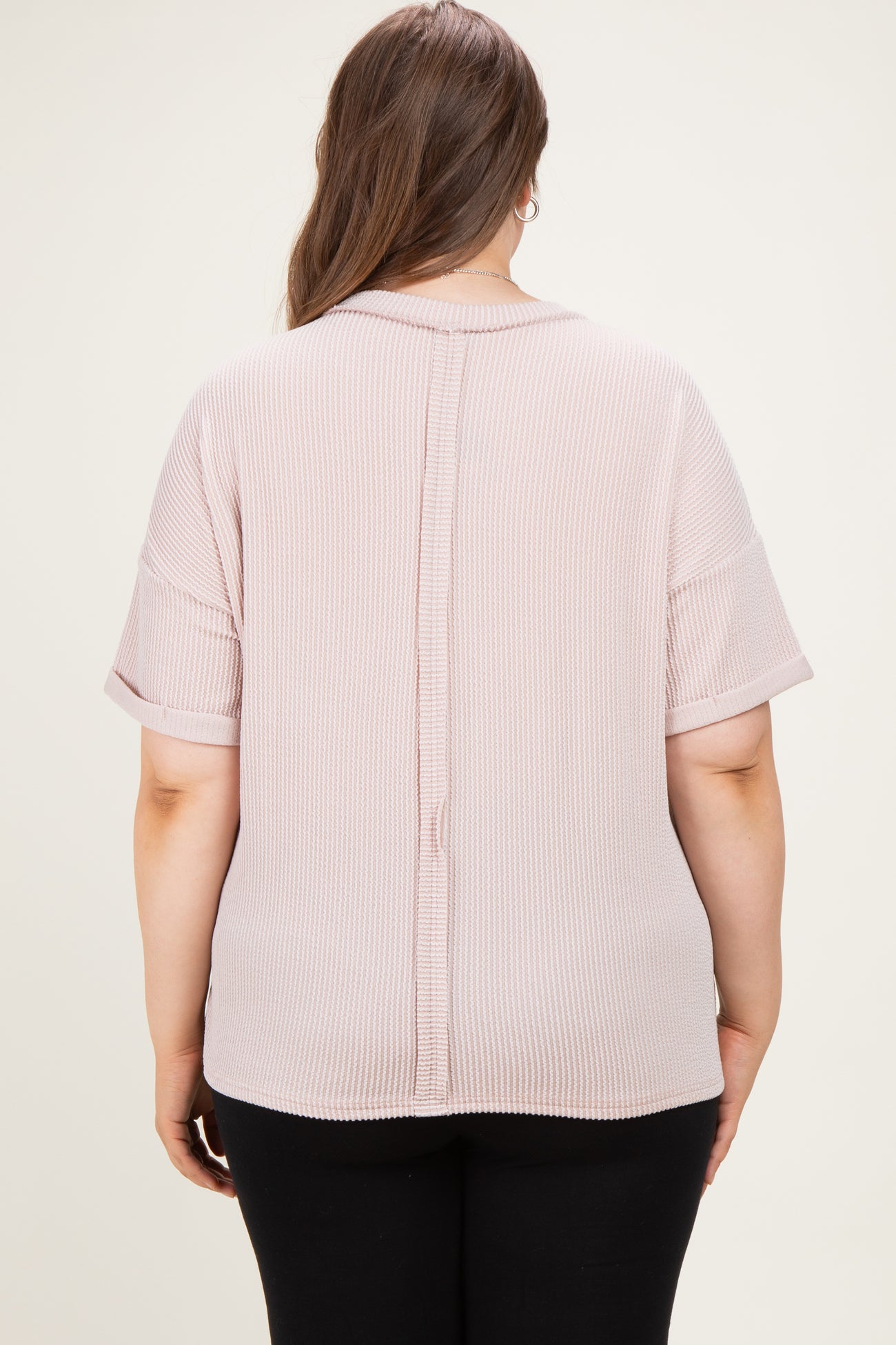 Beige Plus Raised Rib Short Sleeve Front Pocket Maternity Top