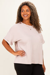 Beige Plus Raised Rib Short Sleeve Front Pocket Top