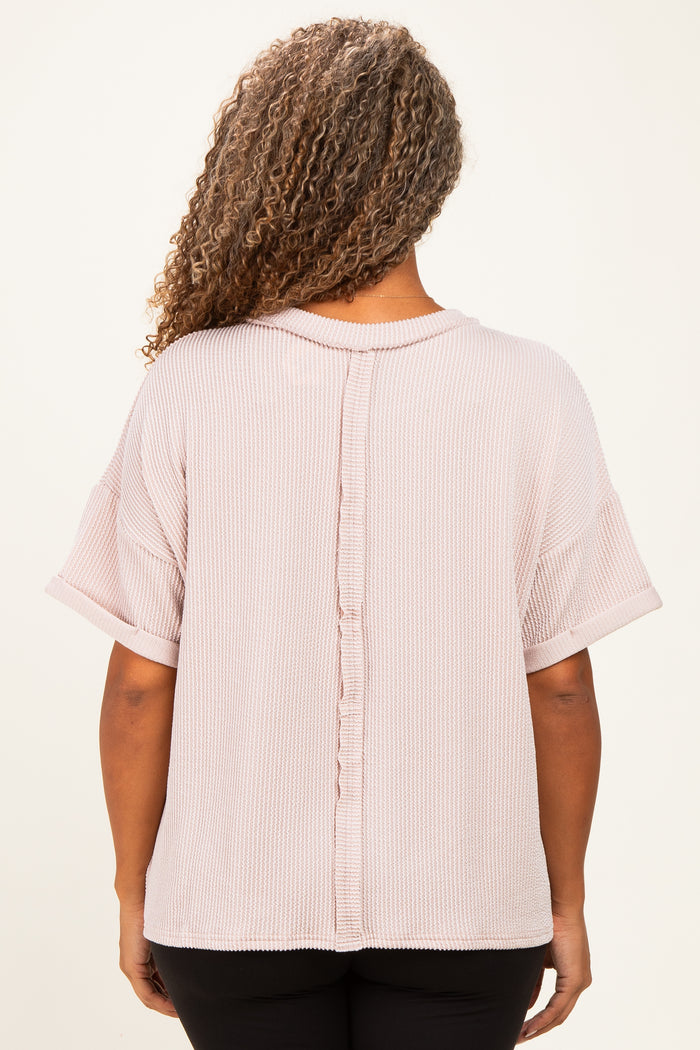 Beige Plus Raised Rib Short Sleeve Front Pocket Top