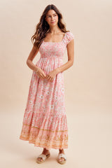 Pink Floral Smocked Maxi Dress