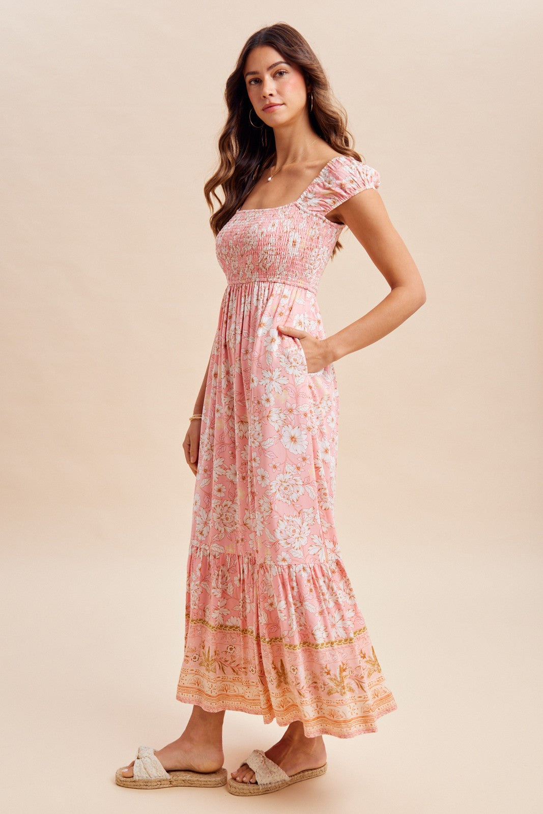 Pink Floral Smocked Maxi Dress