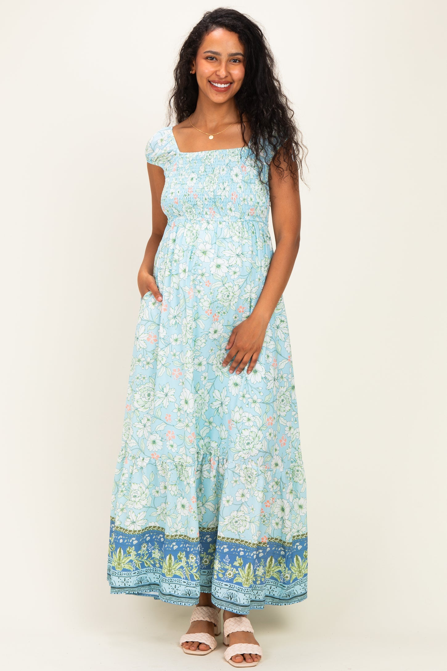 Light Blue Floral Smocked Maternity Maxi Dress