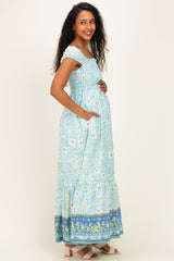 Light Blue Floral Smocked Maternity Maxi Dress