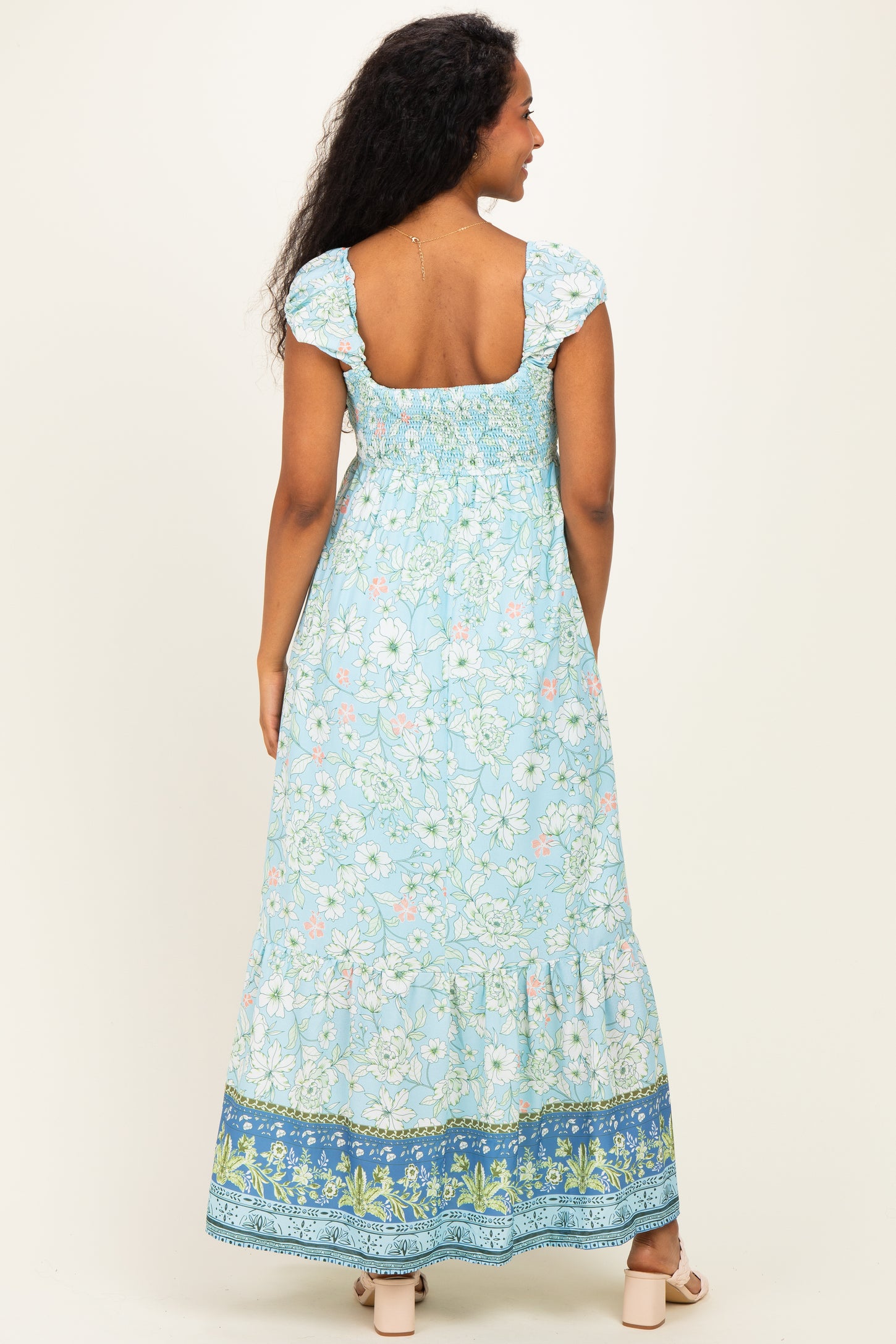 Light Blue Floral Smocked Maternity Maxi Dress