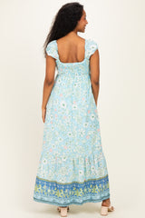 Light Blue Floral Smocked Maternity Maxi Dress