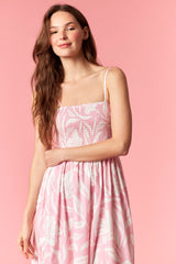 woman wearing a pink floral patterned dress with spaghetti straps and a smocked bodice against a pink background