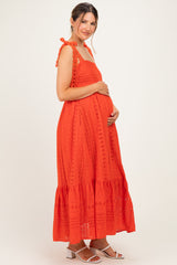 Tomato Laser Cut Lace Shoulder Tie Maternity Maxi Dress