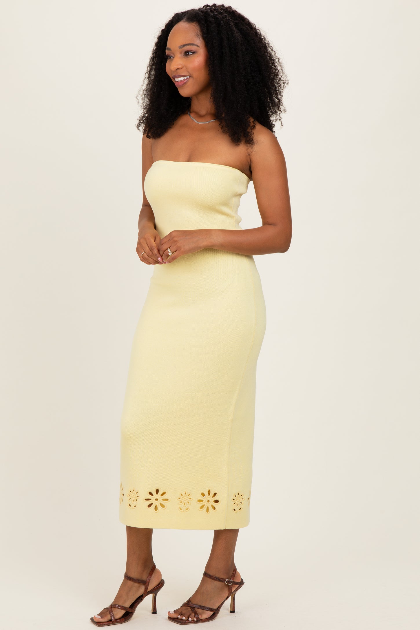 Yellow Strapless Laser Cut Lace Floral Detail Dress