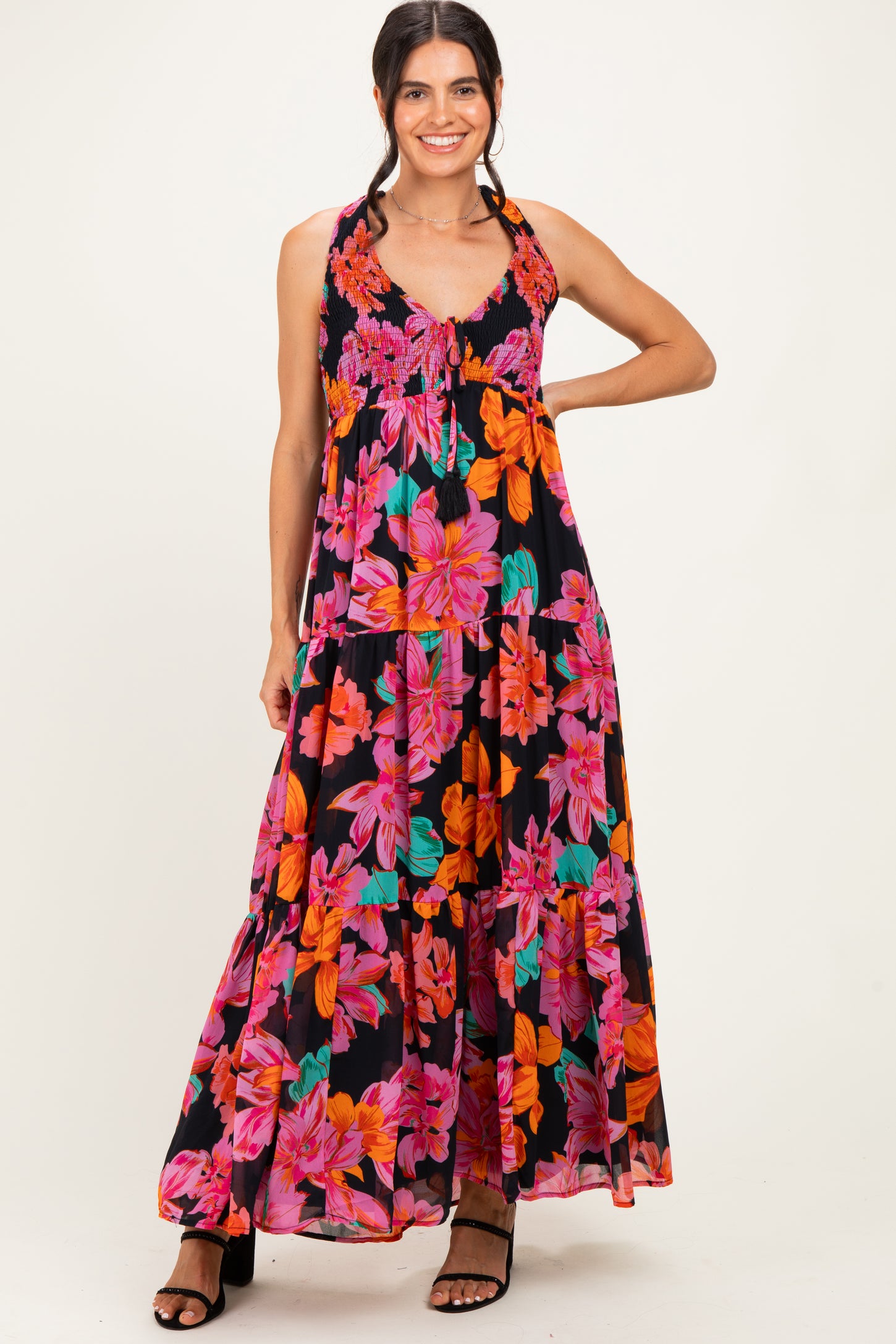 Black Floral Deep V-Neck Smocked Midi Dress