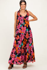 Black Floral Deep V-Neck Smocked Midi Dress