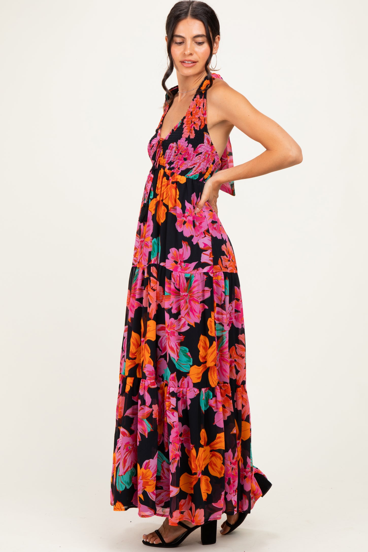 Black Floral Deep V-Neck Smocked Midi Dress