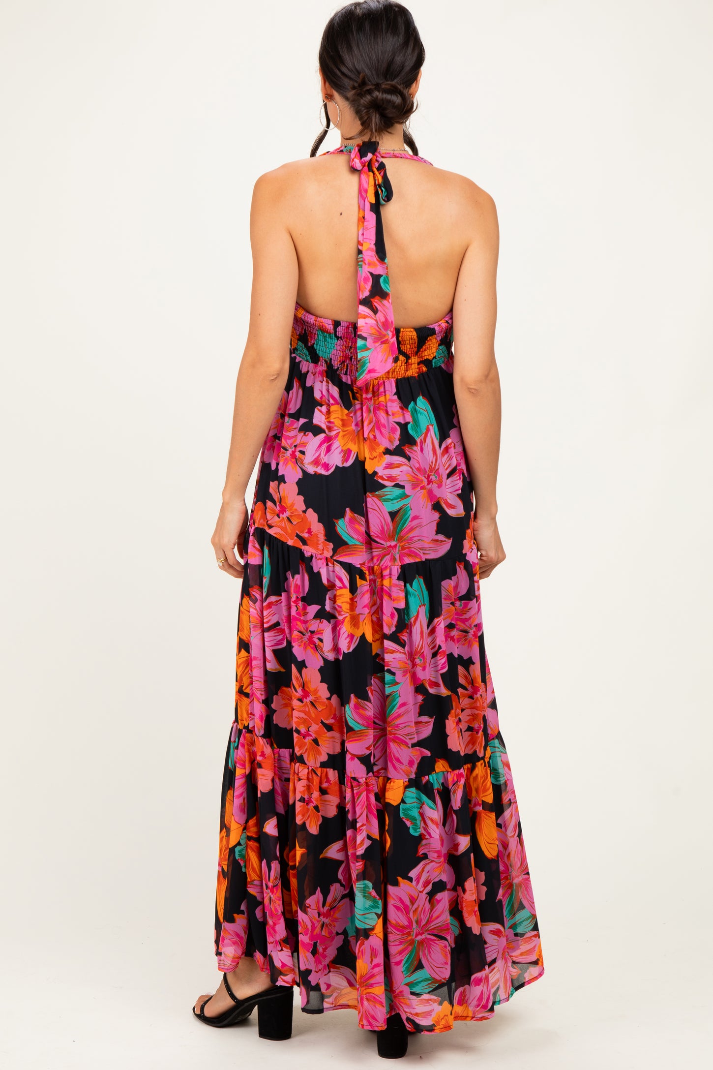 Black Floral Deep V-Neck Smocked Midi Dress