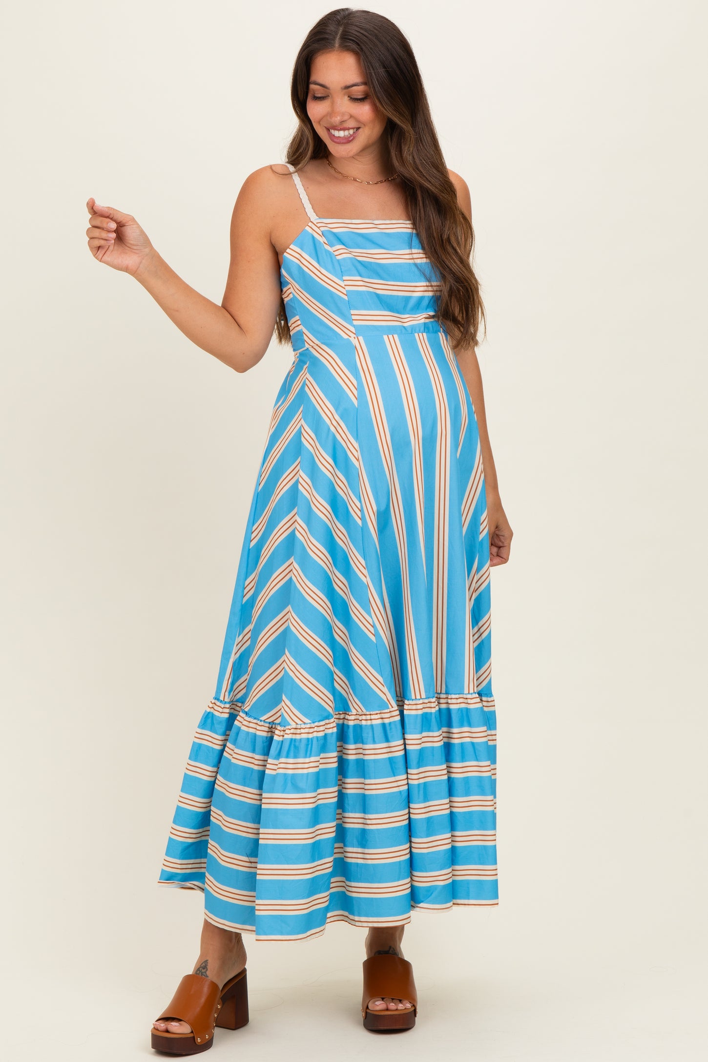 Blue Striped Ruffle Hem Maternity Midi Dress