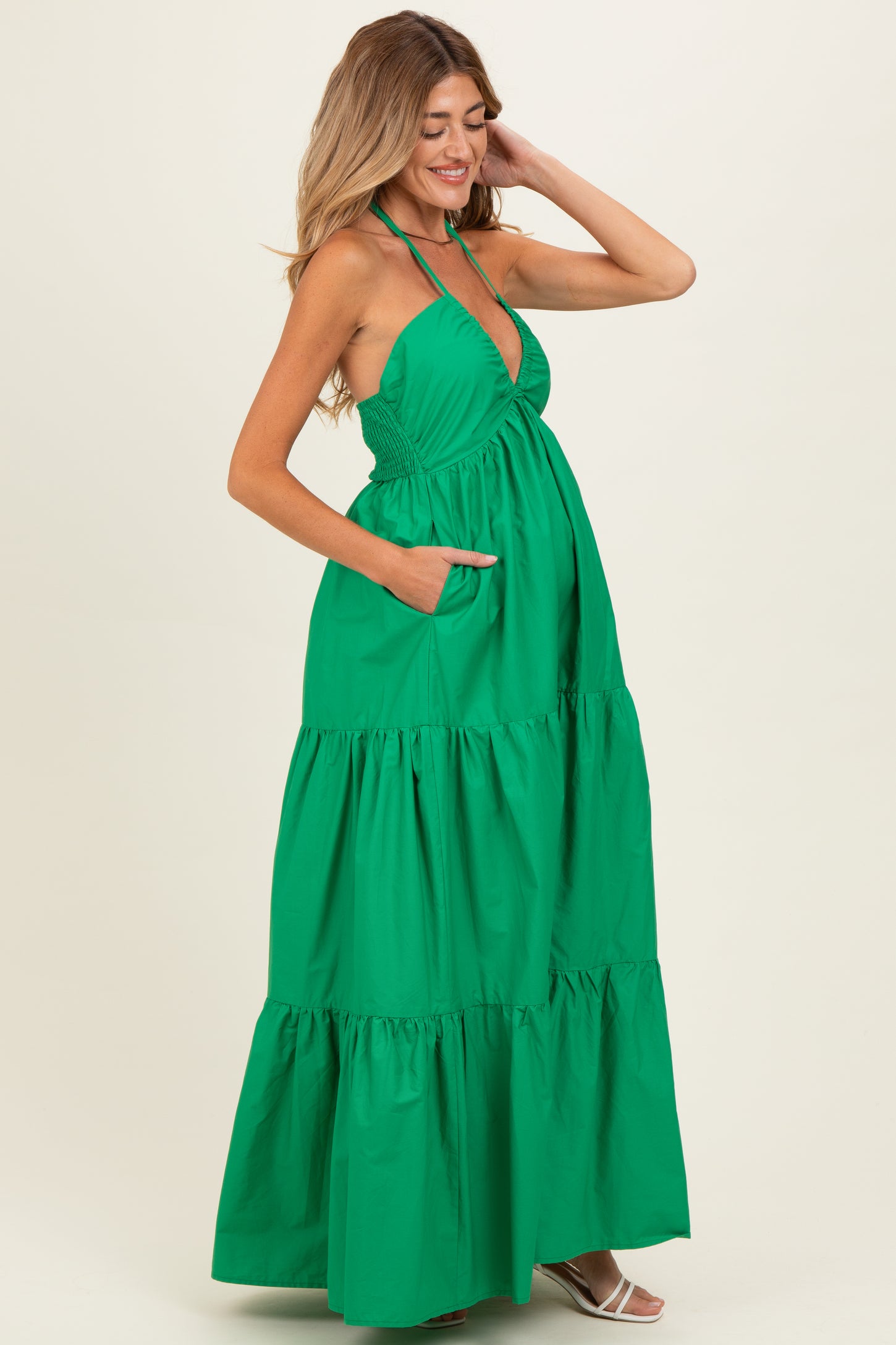 Green Cutout Halter Neck Maternity Maxi Dress