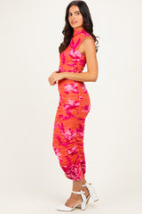 Orange Floral Ruched High Neck Midi Dress