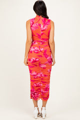 Orange Floral Ruched High Neck Midi Dress