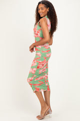 Sage Floral Ruched High Neck Midi Dress