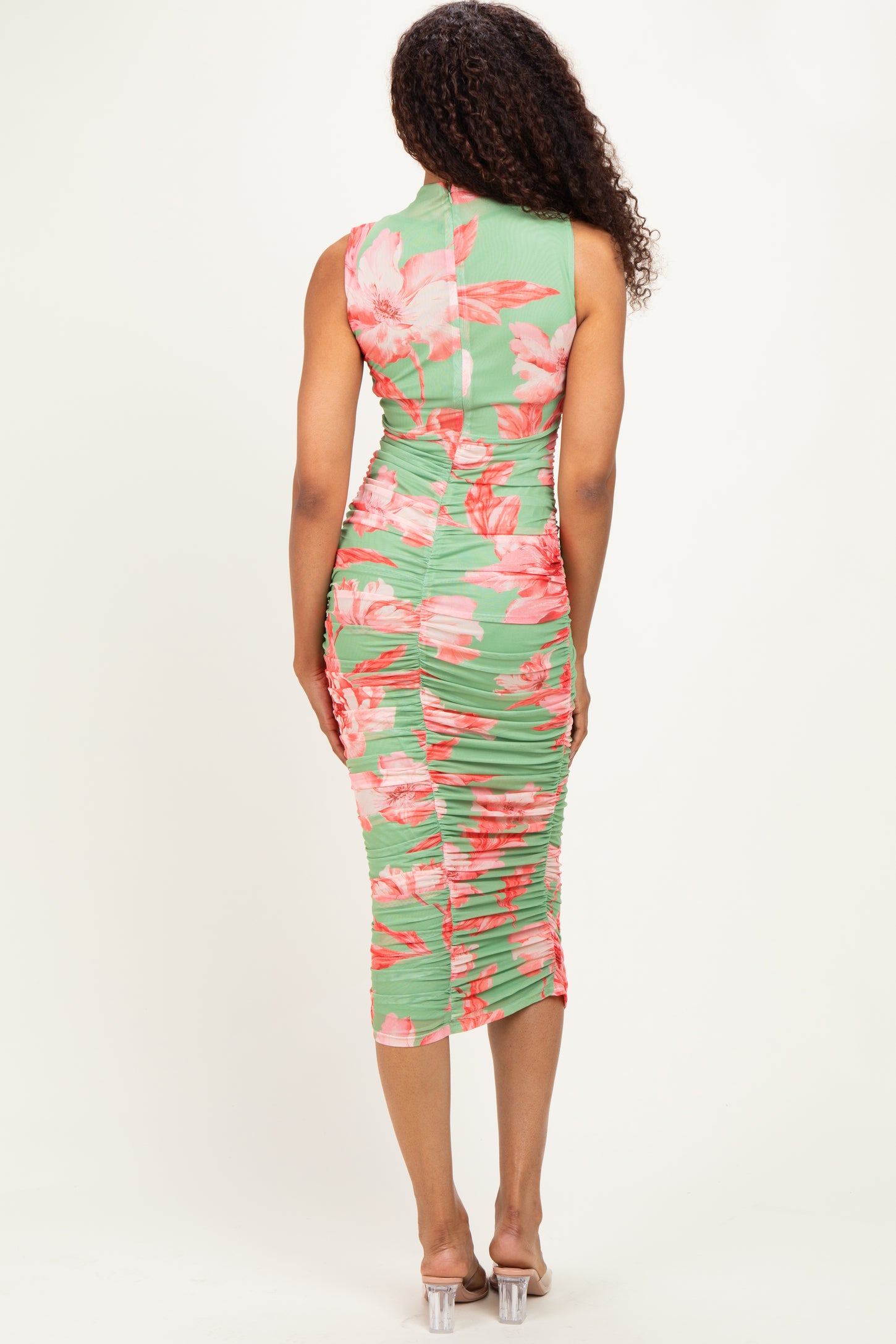 Sage Floral Ruched High Neck Midi Dress