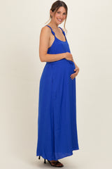 Capri Blue Sleeveless Flower Belt Maxi Dress