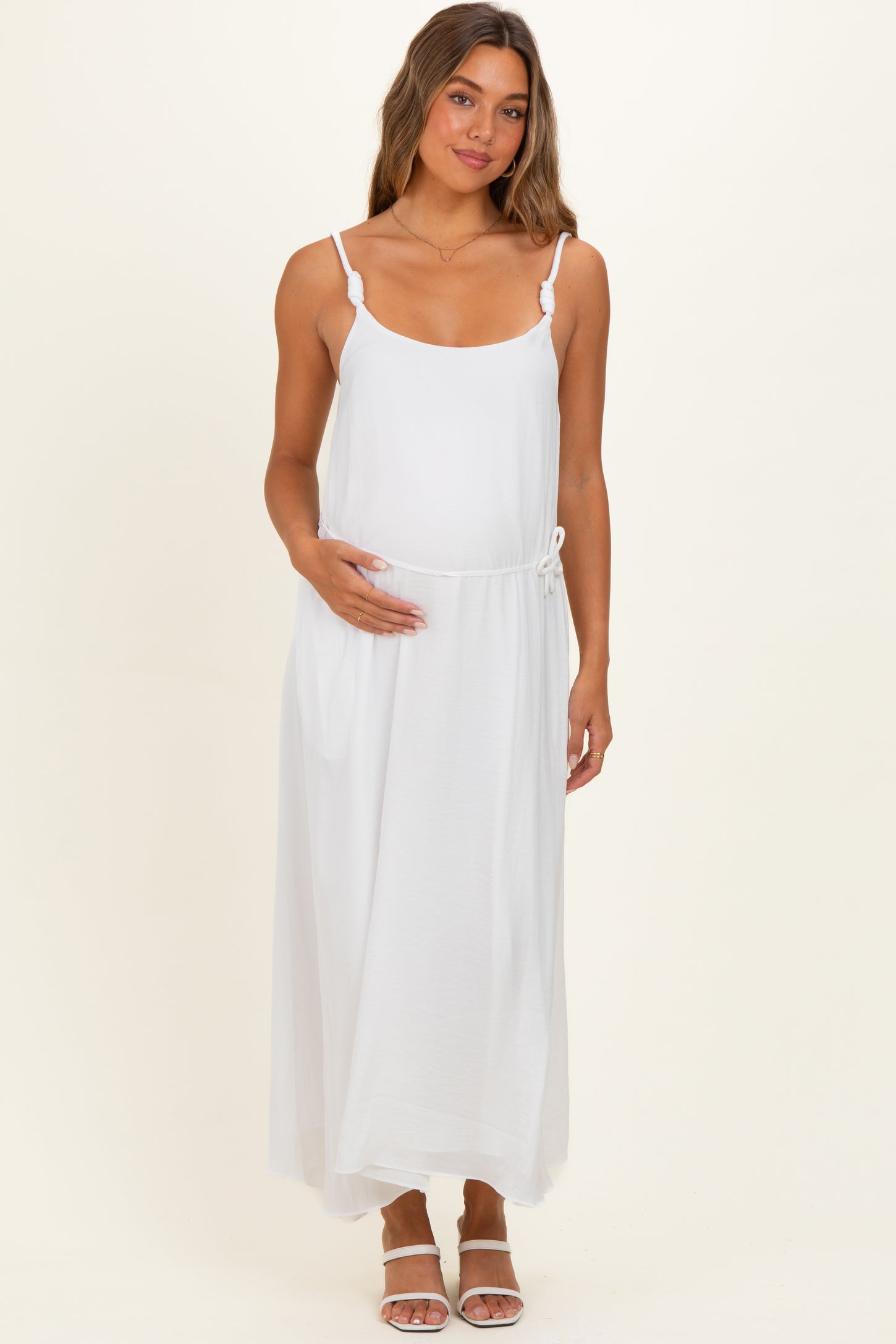 Off White Sleeveless Flower Belt Maxi Dress