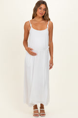Off White Sleeveless Flower Belt Maxi Dress