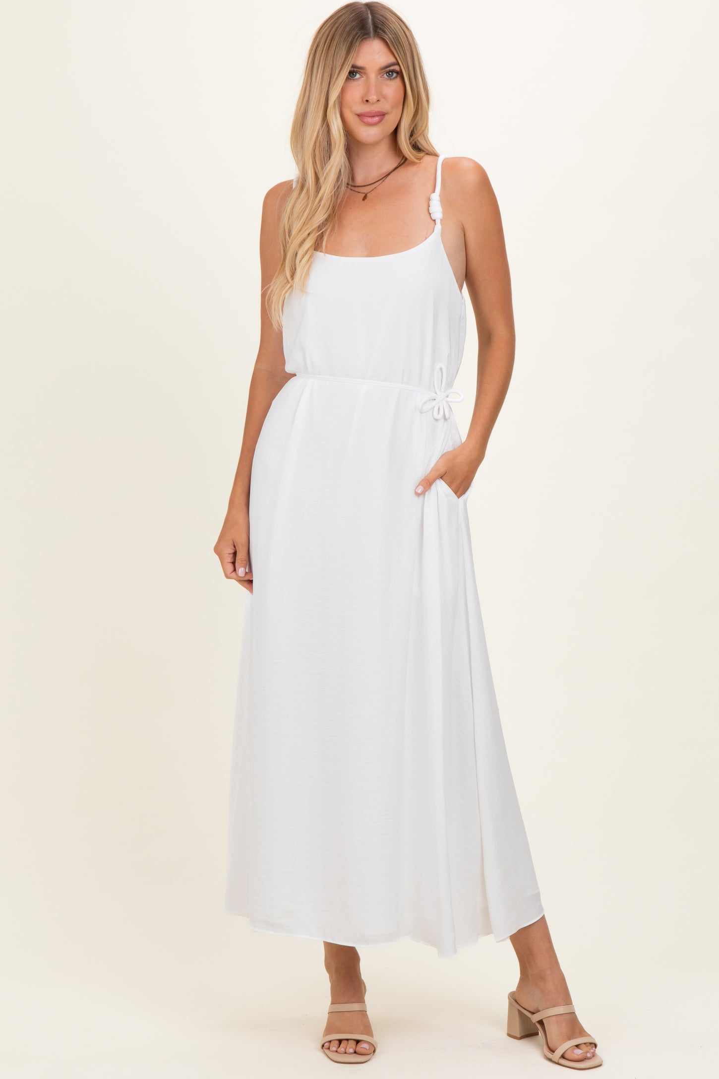 Off White Sleeveless Flower Belt Maxi Dress
