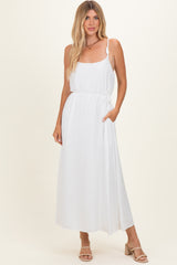 Off White Sleeveless Flower Belt Maxi Dress
