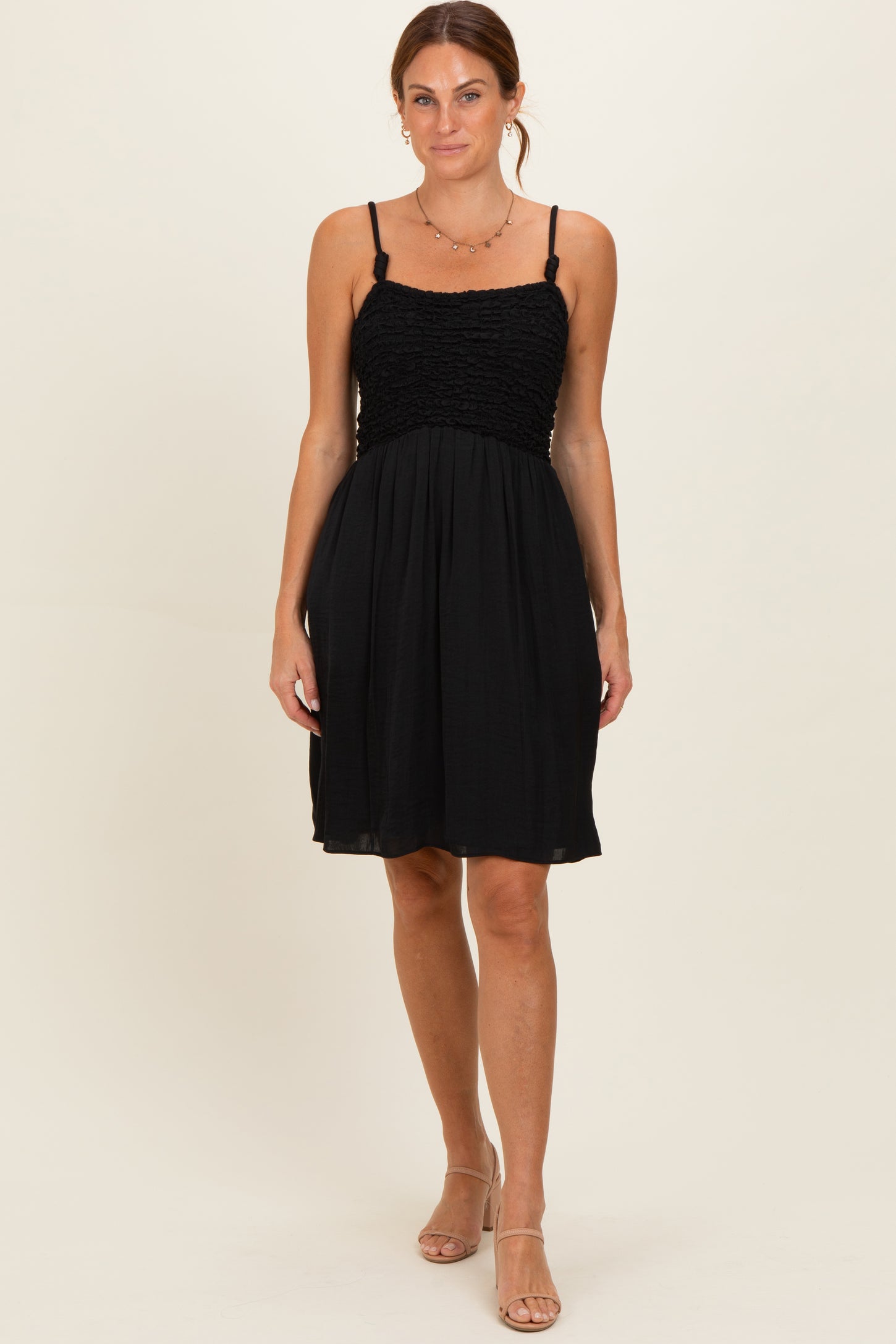 Black Knot Detail Smocked Mini Dress