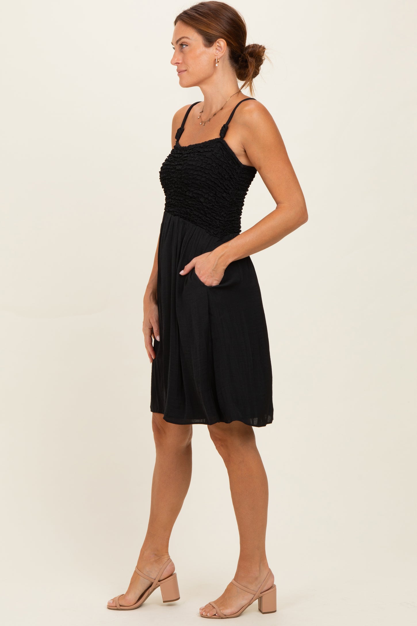 Black Knot Detail Smocked Mini Dress