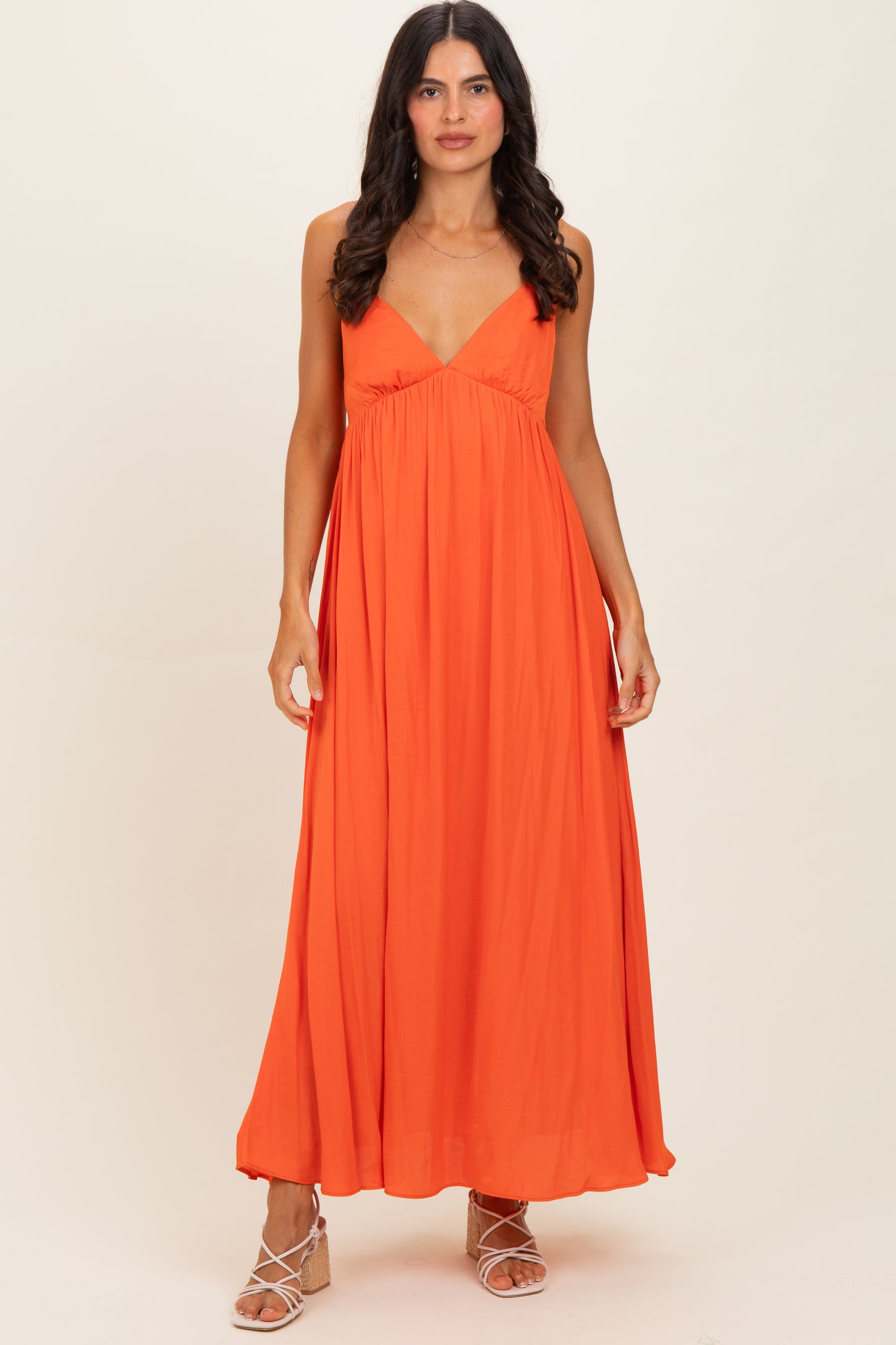 Orange V-Neck Open Back Maxi Dress