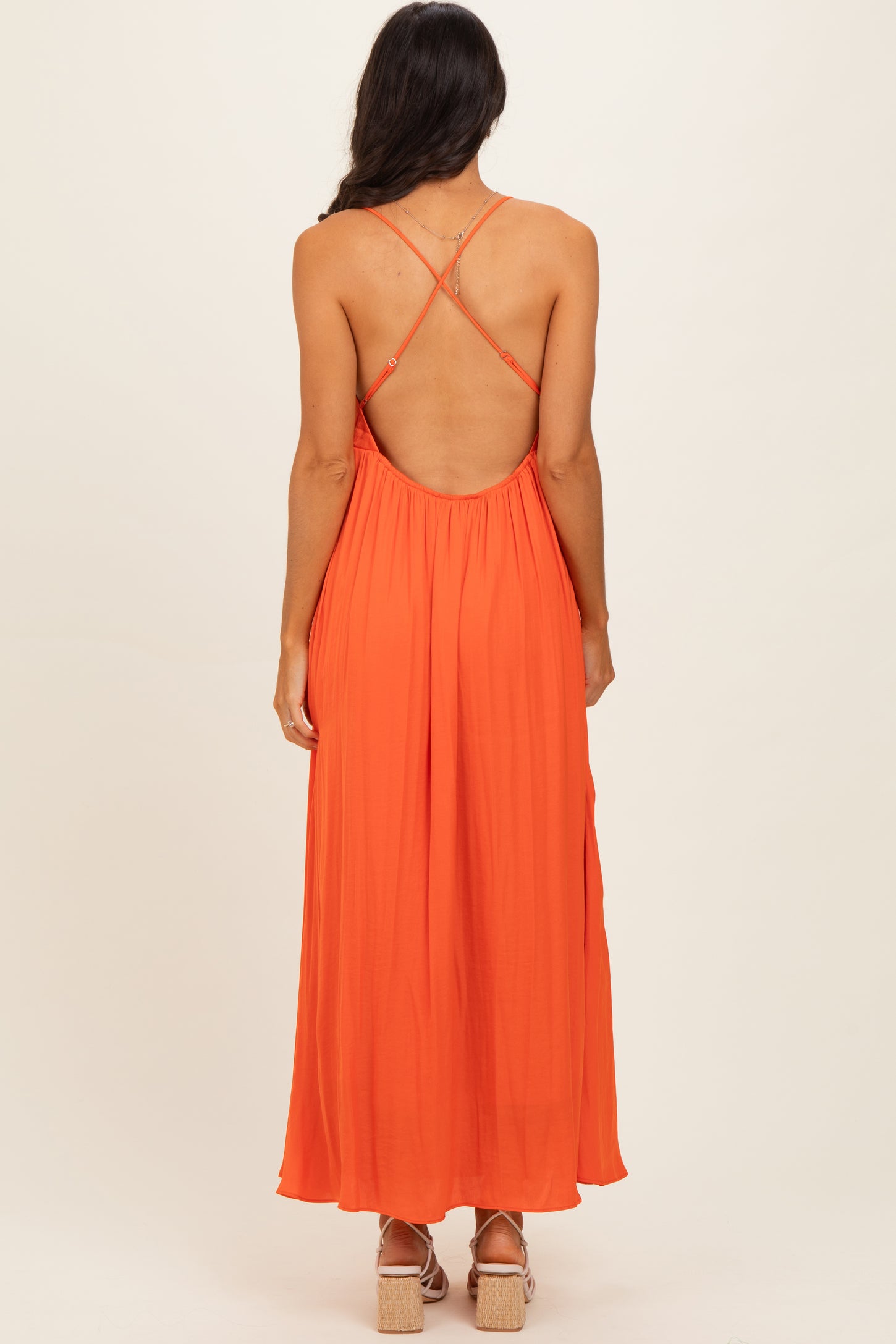 Orange V-Neck Open Back Maxi Dress