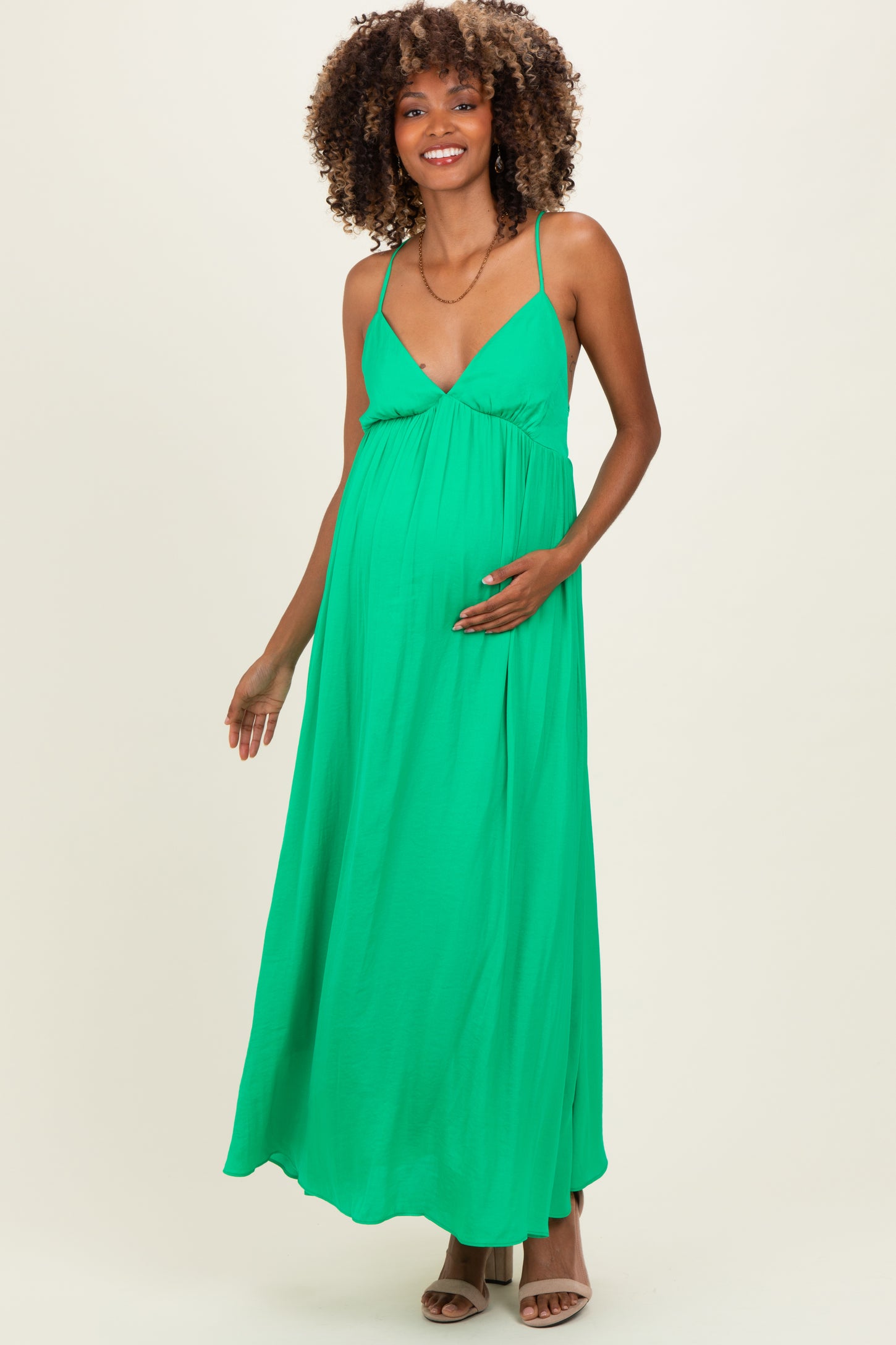 Peridot V-Neck Open Back Maternity Maxi Dress