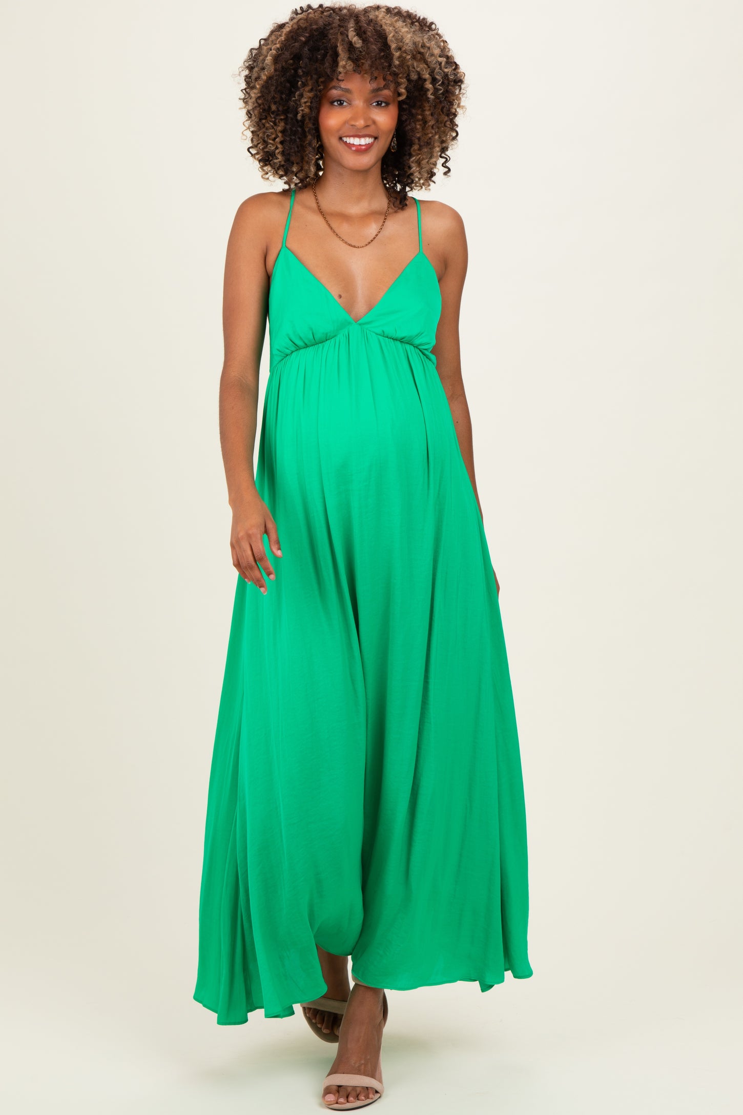 Peridot V-Neck Open Back Maternity Maxi Dress