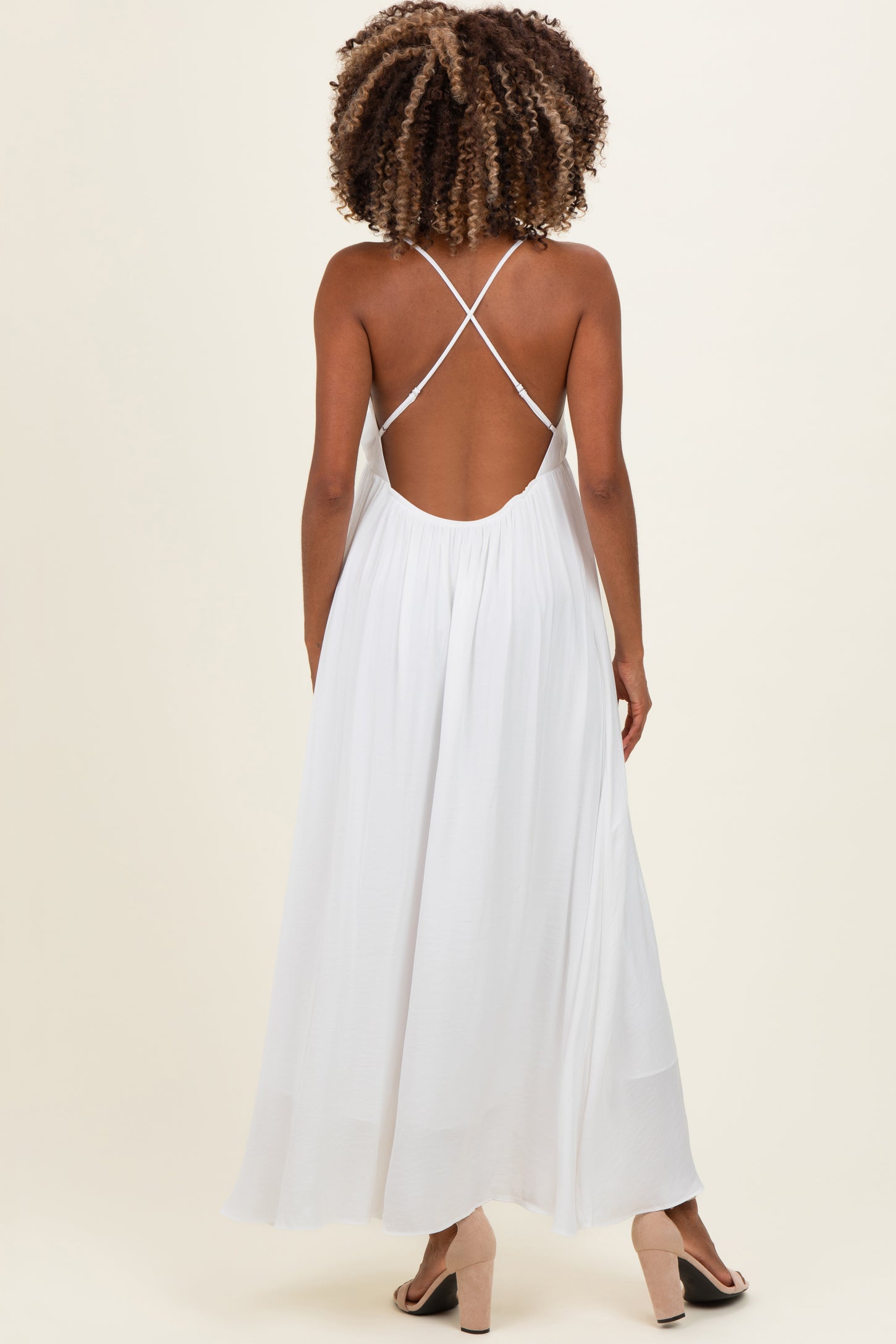 Off White V-Neck Open Back Maternity Maxi Dress