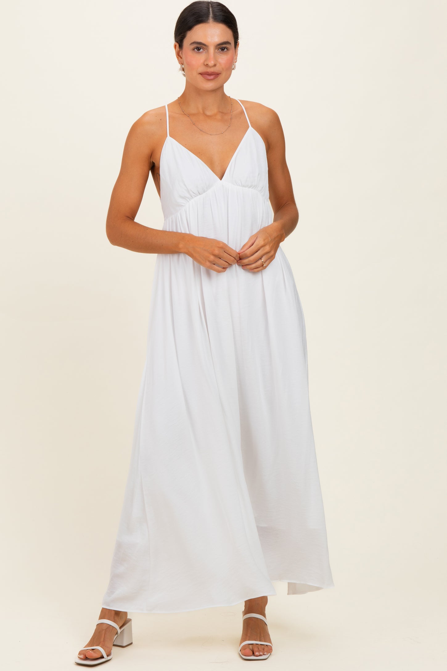 Off White V-Neck Open Back Maternity Maxi Dress