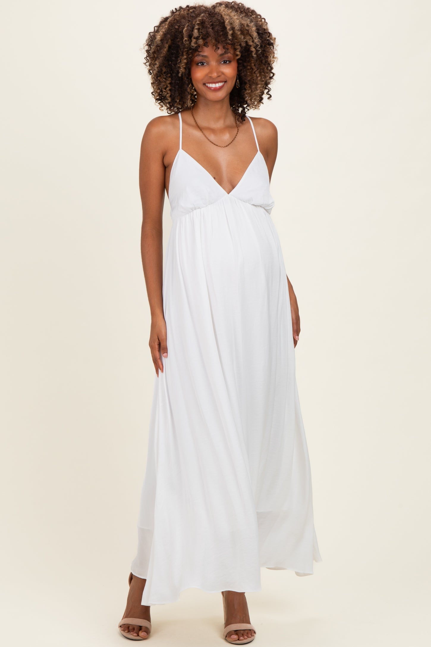 Off White V-Neck Open Back Maternity Maxi Dress